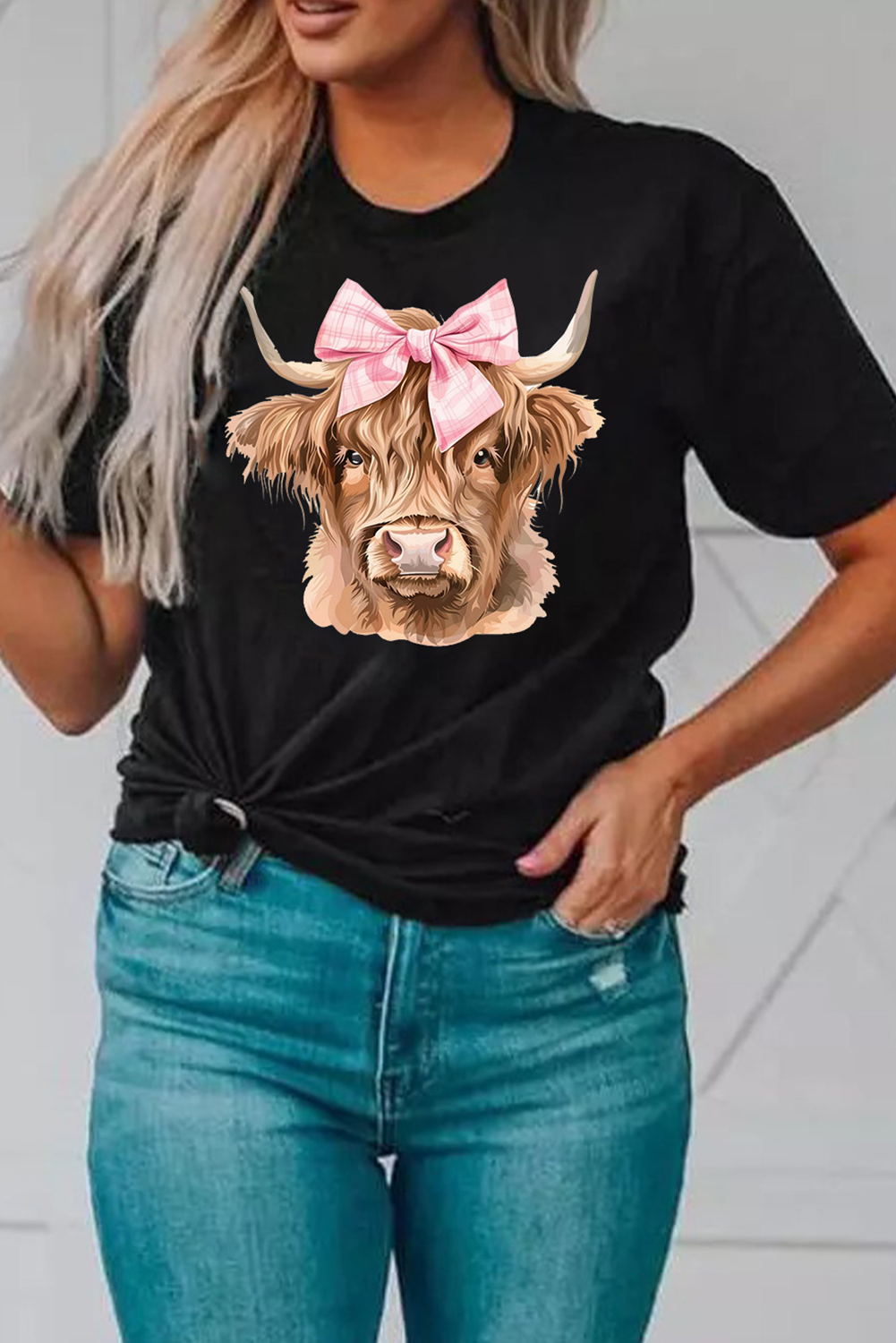 Black Bow Cow Head Graphic Western Fashion T Shirt - loveforevers