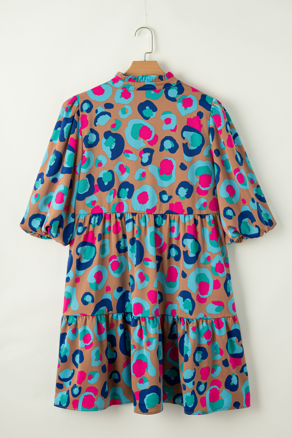 Green Leopard Print Bubble Sleeve Slit Neck Ruffled Dress - loveforevers