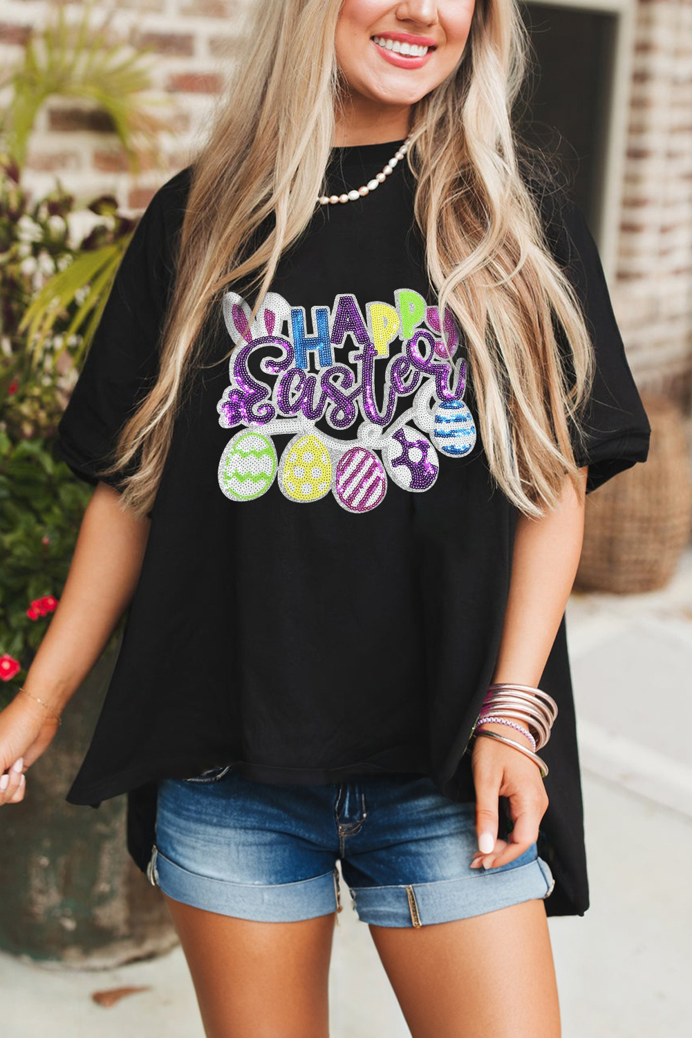 Black Happy Easter Sequin Graphic Dropped Shoulder T Shirt - loveforevers