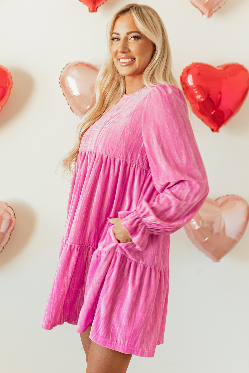 Strawberry Pink Flounce Sleeve Tiered Ruffled Velvet Mini Dress - loveforevers