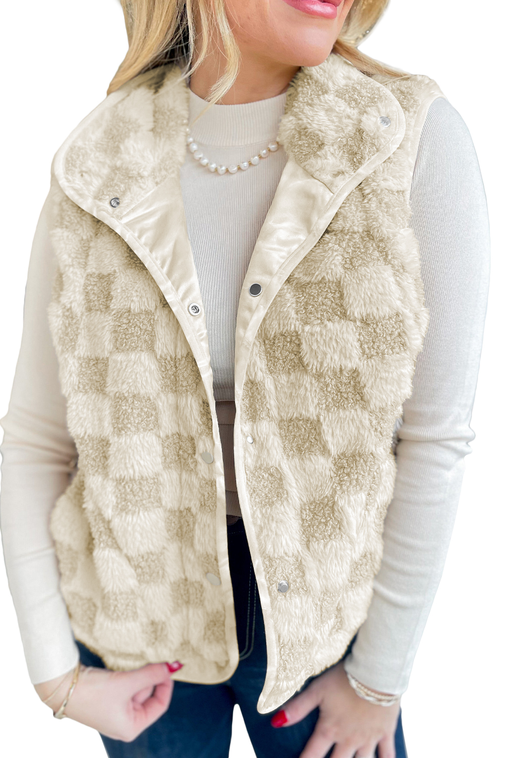 Khaki Sherpa Checkerboard Snap Button Vest Jacket With Pocket - loveforevers