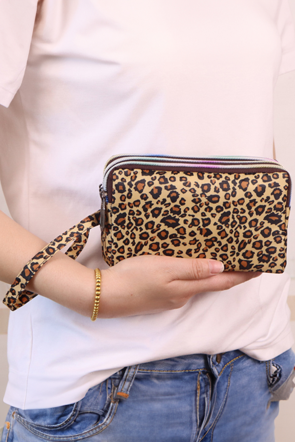 Brown Leopard Print PU Leather Wristlet Zipper Makeup Bag - loveforevers