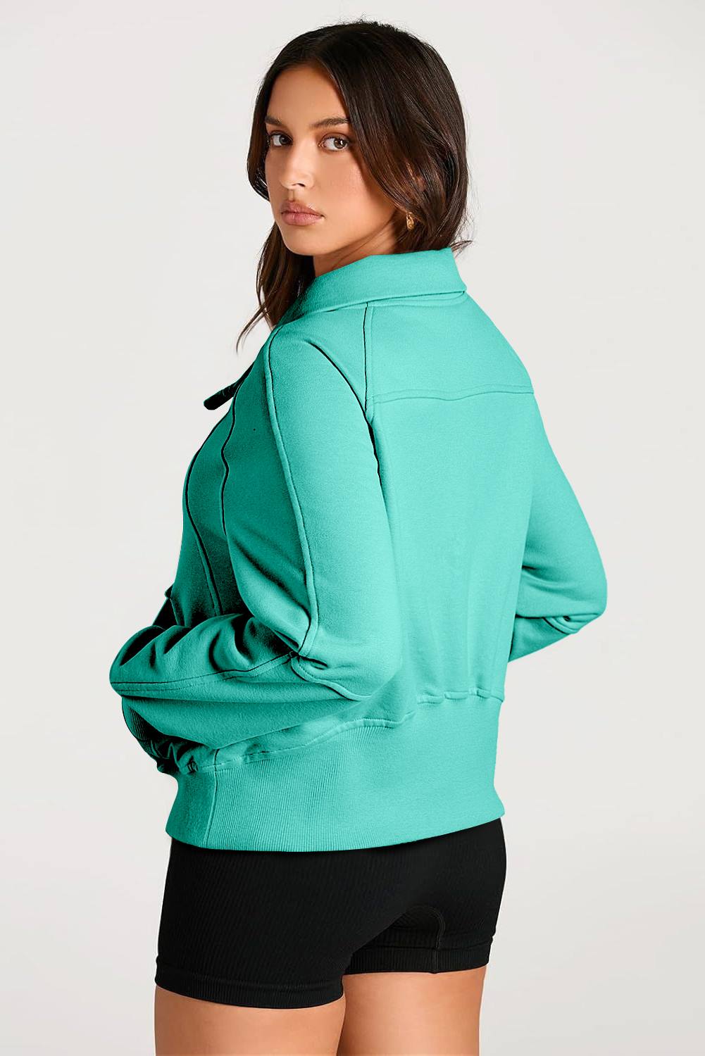 Aruba Blue Quarter Zip Stand Neck Kangaroo Pocket Sweatshirt - loveforevers