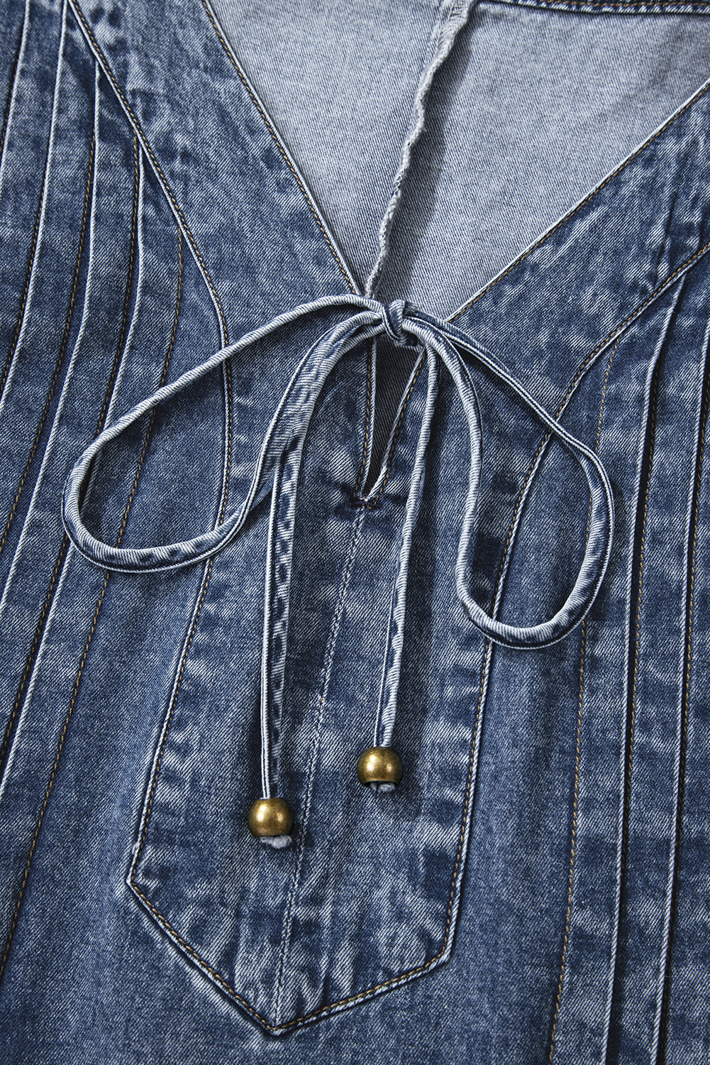 Sail Blue 3/4 Sleeve Tied V Neck Pleated Denim Mini Dress - loveforevers