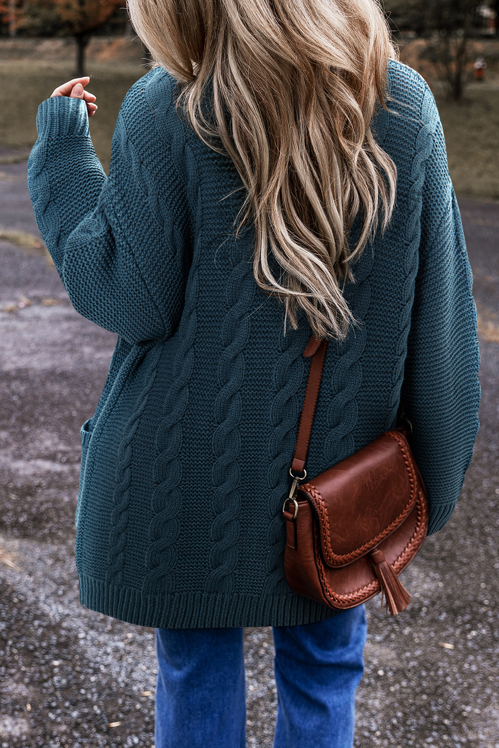 Peacock Blue Cable Knit Button Front Pocketed Baggy Cardigan - loveforevers