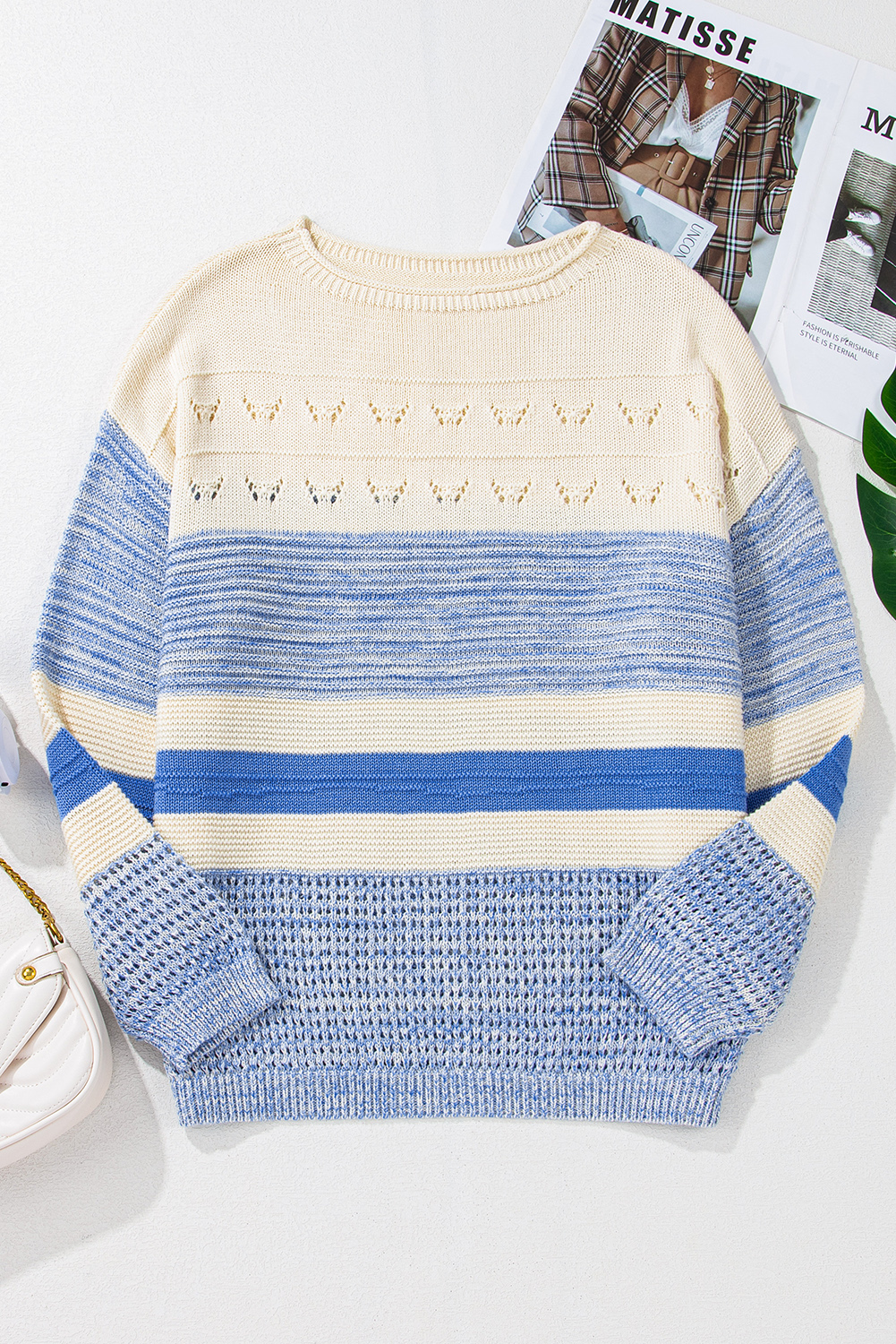 Light Blue Open Stitch Puff Sleeve Sweater - loveforevers