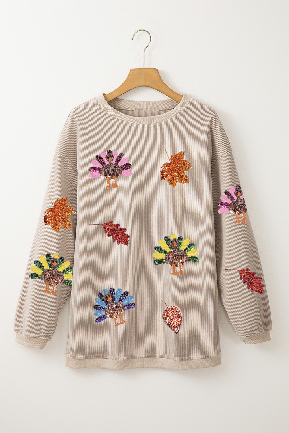 Smoke Gray 3D Ribbed Sequin Fall Leaf Turkey Graphic Baggy Sweatshirt - loveforevers