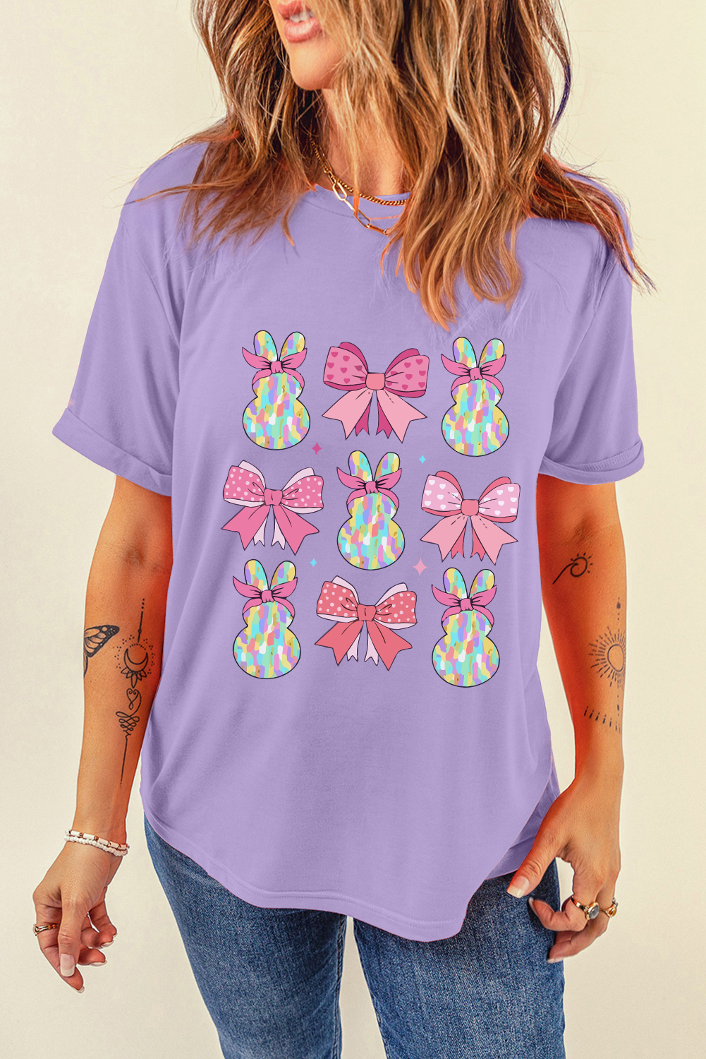 Wisteria Dotty Bowknot Bunny Graphic Crewneck Easter Fashion T Shirt - loveforevers