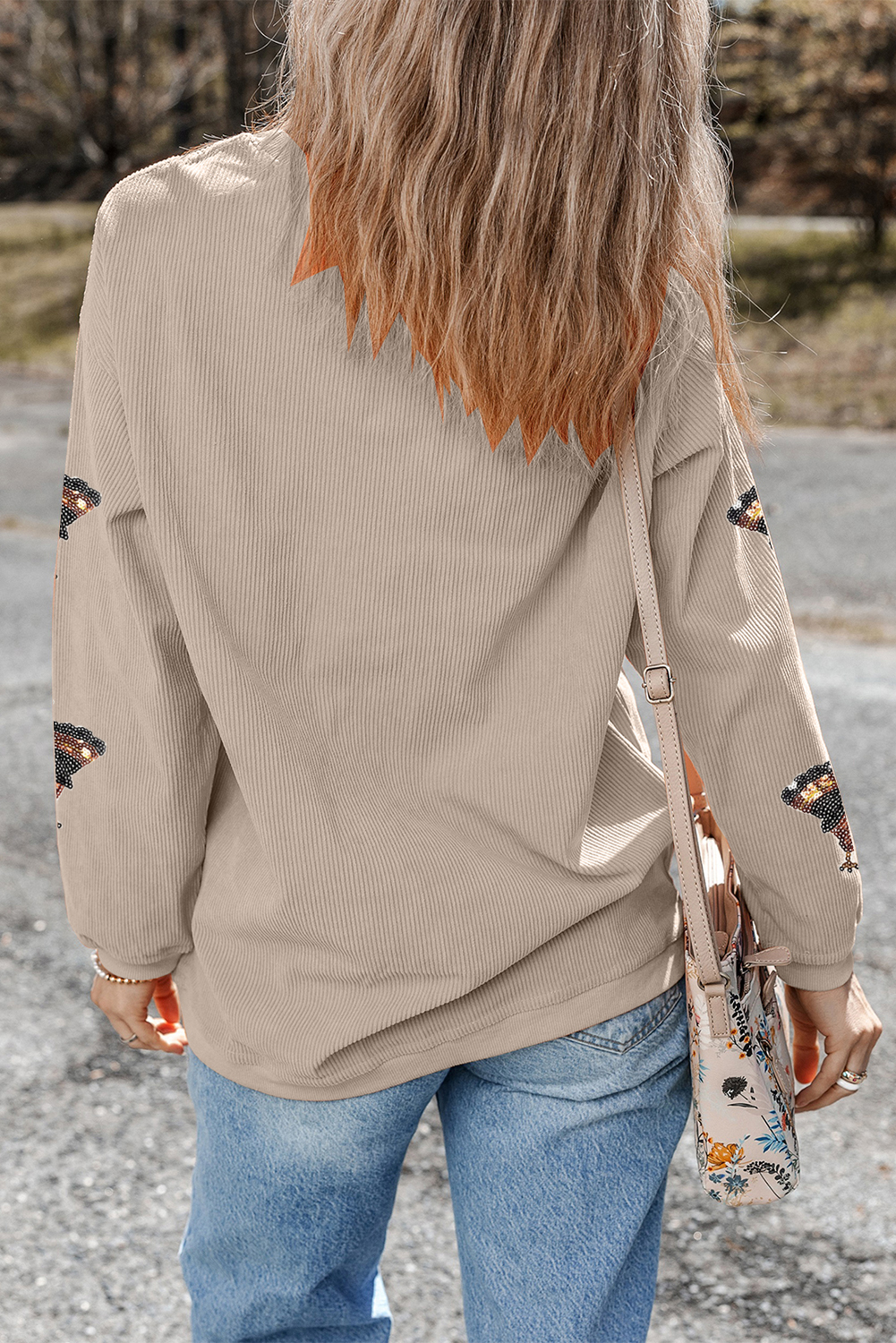 Smoke Gray Twisted Ribbed Sequined Thanksgiving Turkey Graphic Baggy Sweatshirt - loveforevers