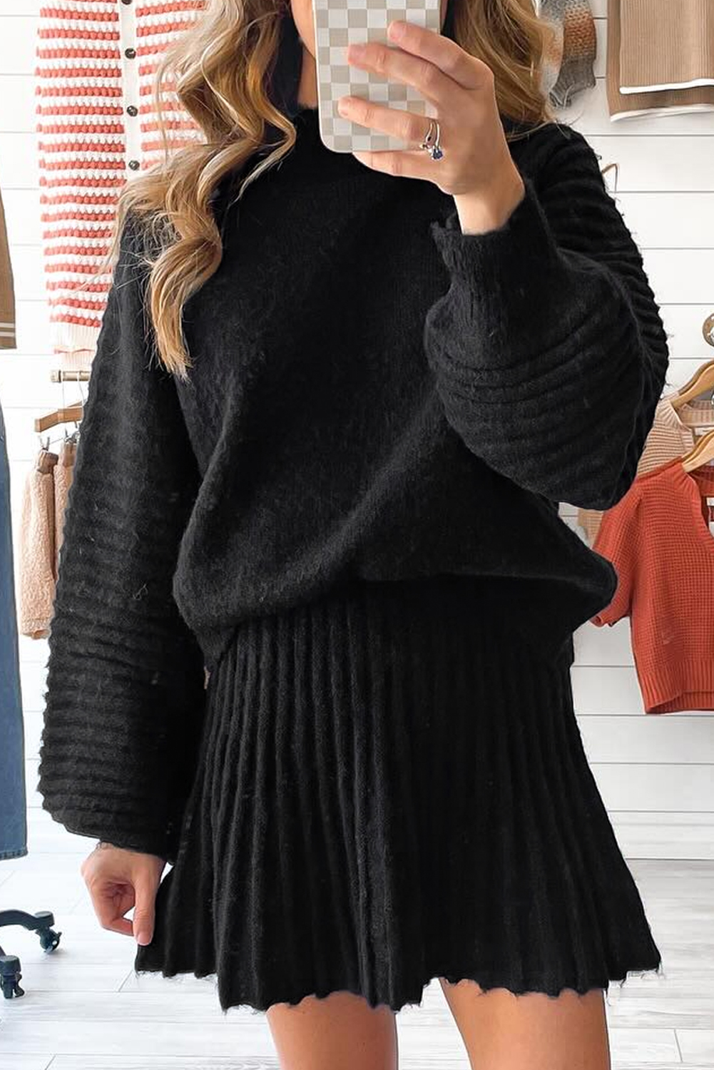 Smoke Gray High Neck Puff Sleeve Sweater Pleated Mini Skirt 2pcs Knitted Outfit - loveforevers