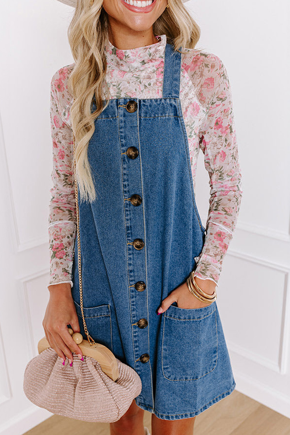 Dusk Blue Wide Strap Button Front Pocketed Denim Mini Dress - loveforevers