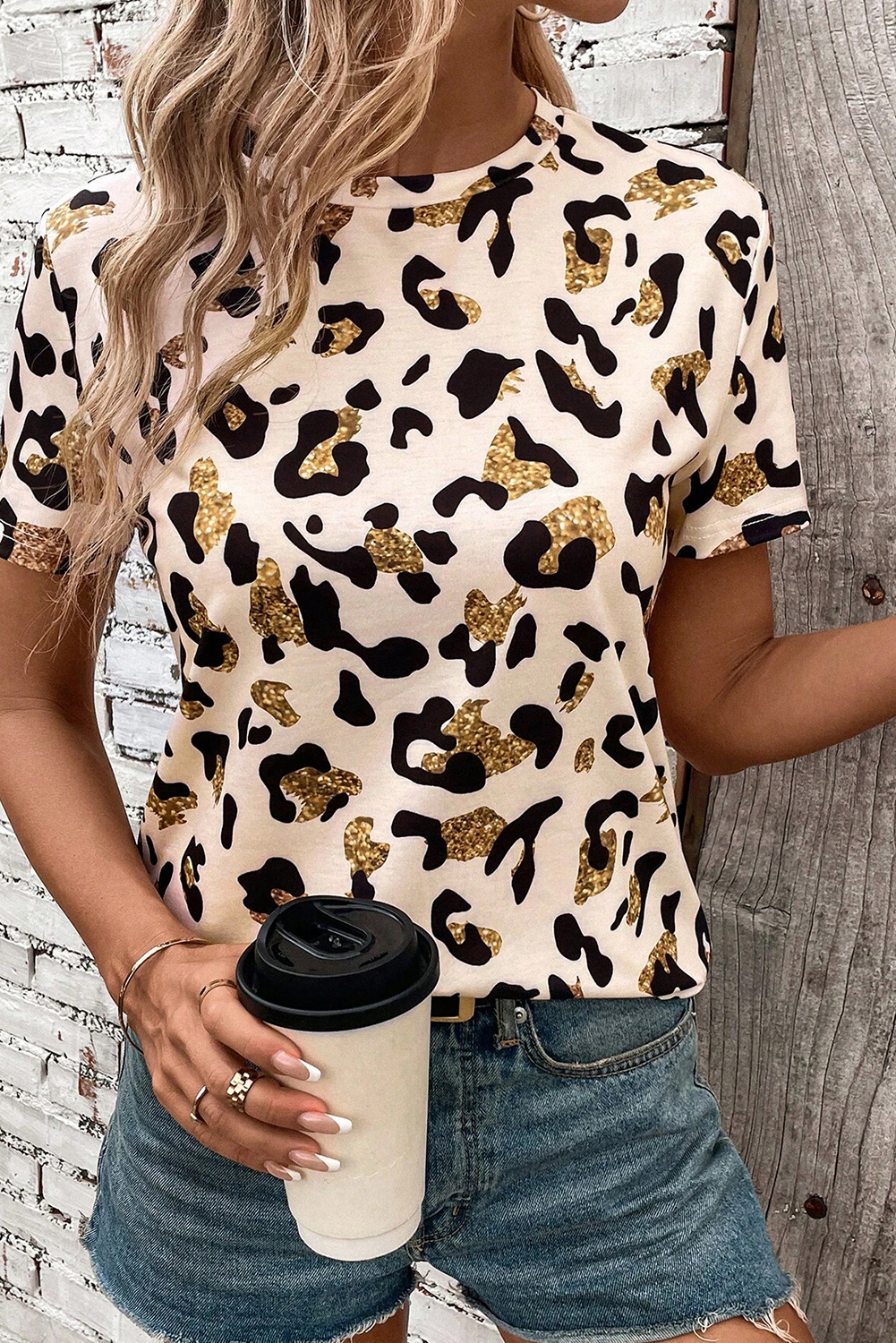 Apricot Leopard Print Round Neck Casual T Shirt - loveforevers
