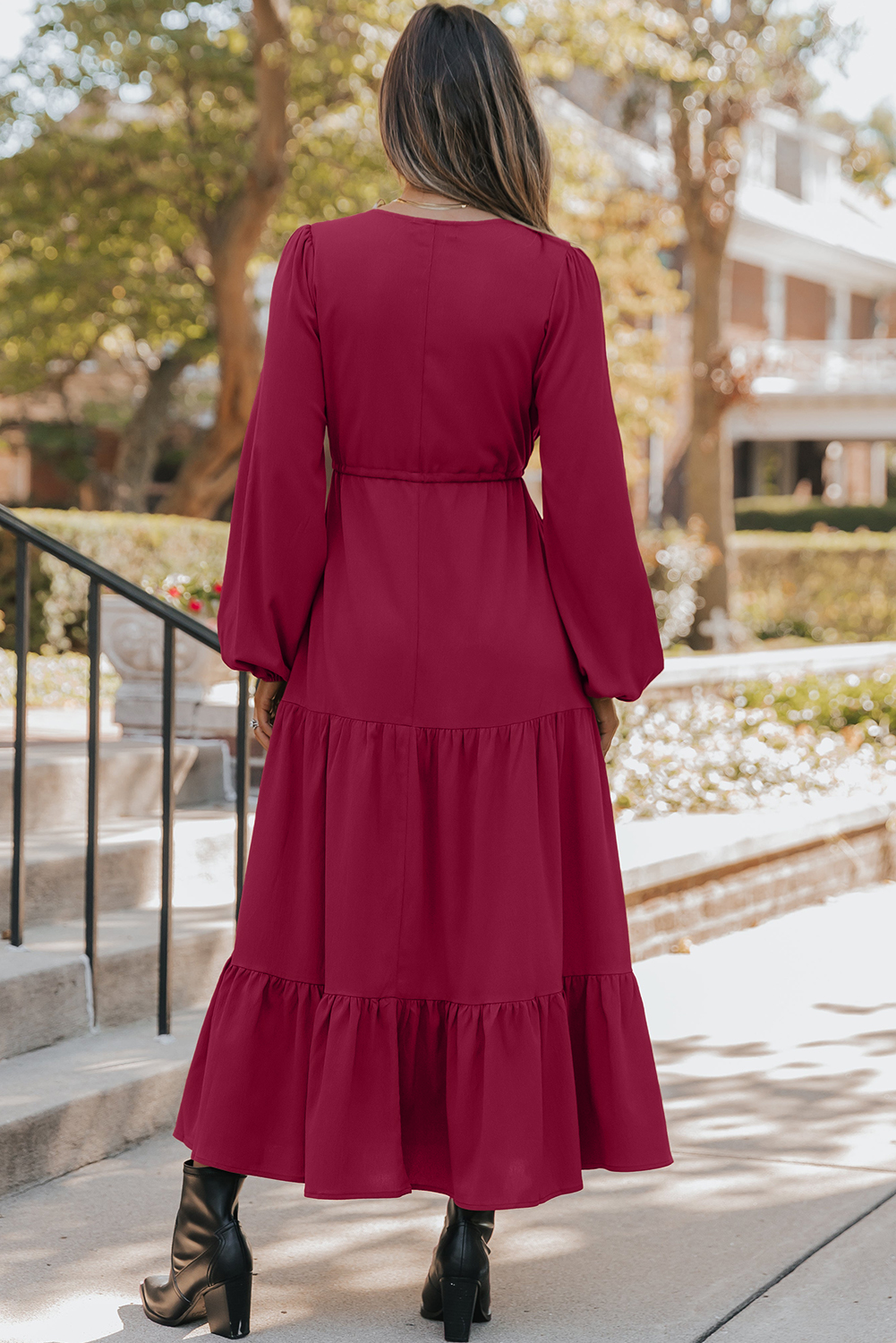 Blackish Green Solid Long Sleeve Button V Neck Tiered Maxi Dress - loveforevers