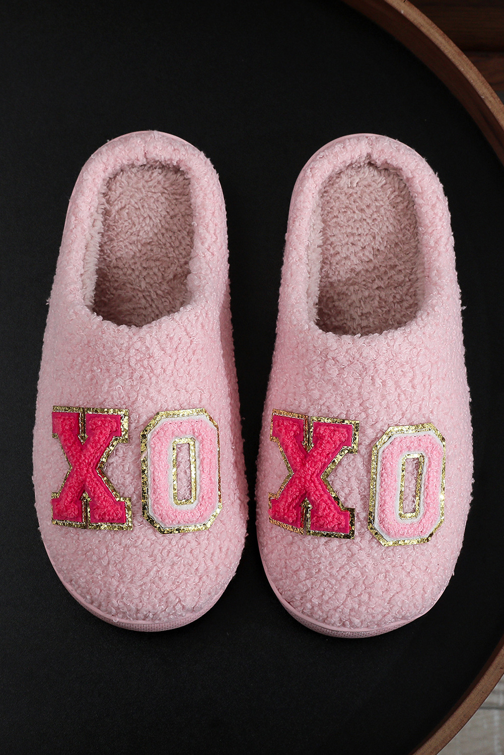 White XO XO Glitter Trim Letter Patched Plush House Slippers - loveforevers