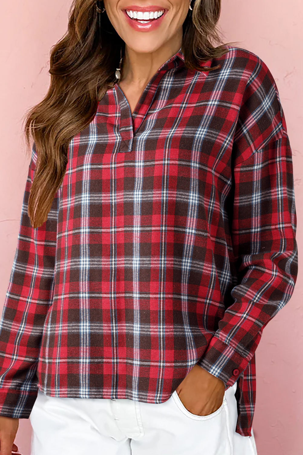 Red Plaid Print Collared V Neck Loose Blouse with Side Slits - loveforevers