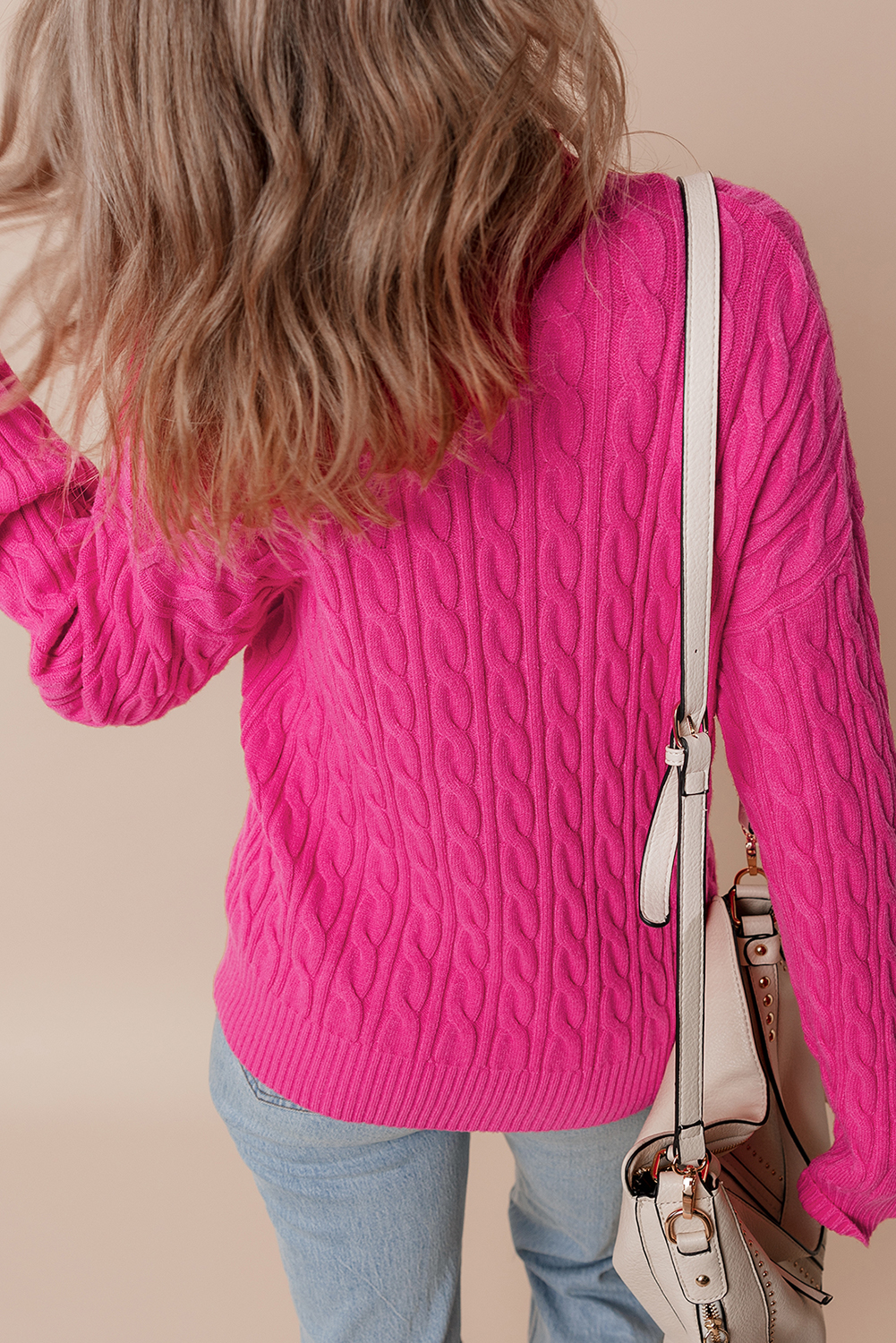 Rose Red Solid Cable Knit High Neck Drop Shoulder Sweater - loveforevers