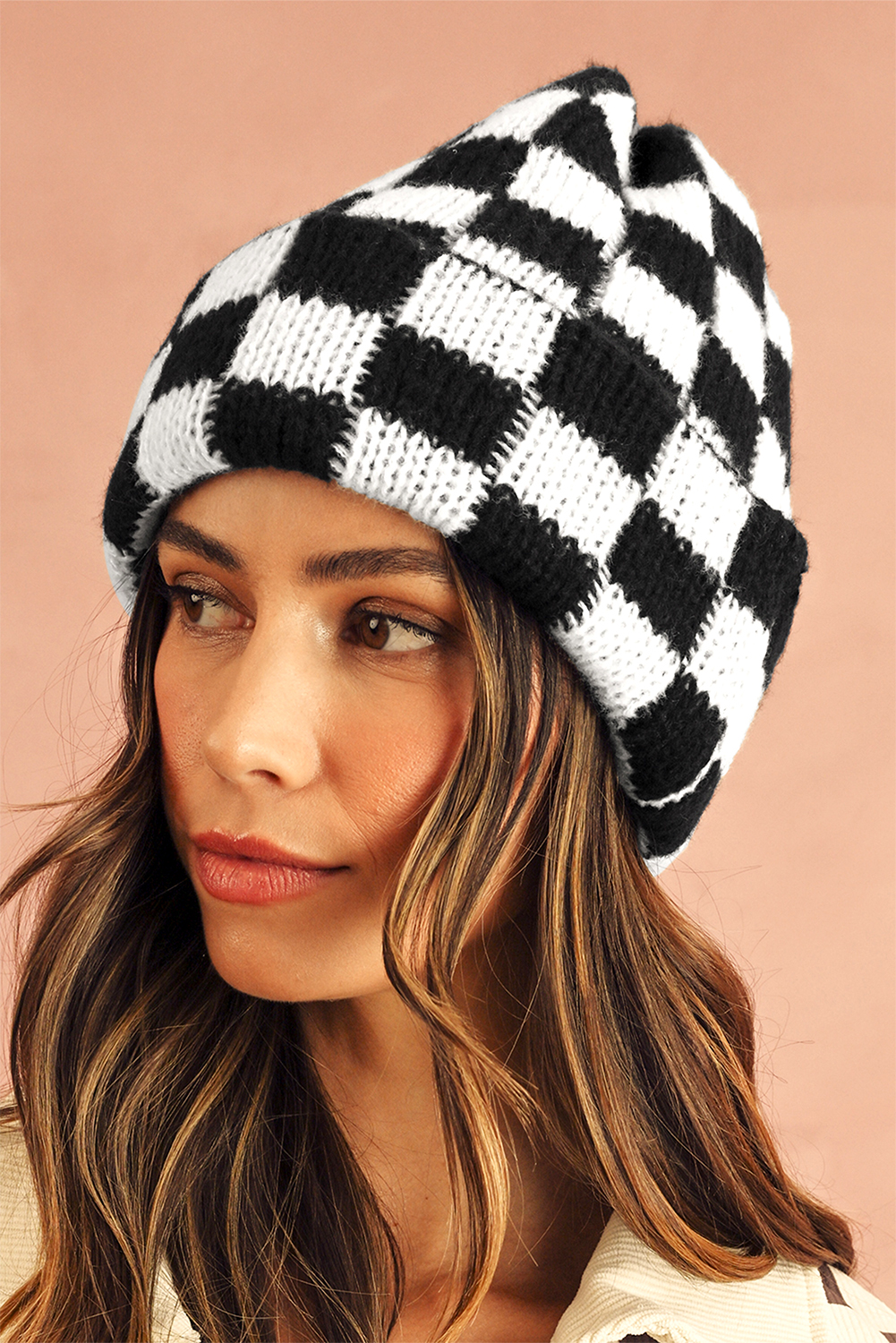 Black Two Tone Checkered Folded Eaveless Beanie Cap - loveforevers