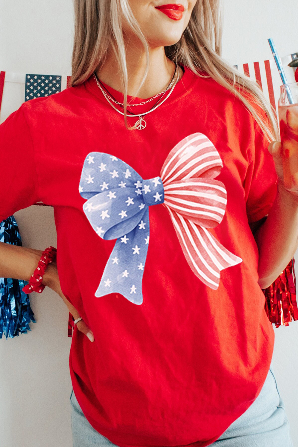 Red Stars and Stripes Bow Print Independence Day T Shirt - loveforevers