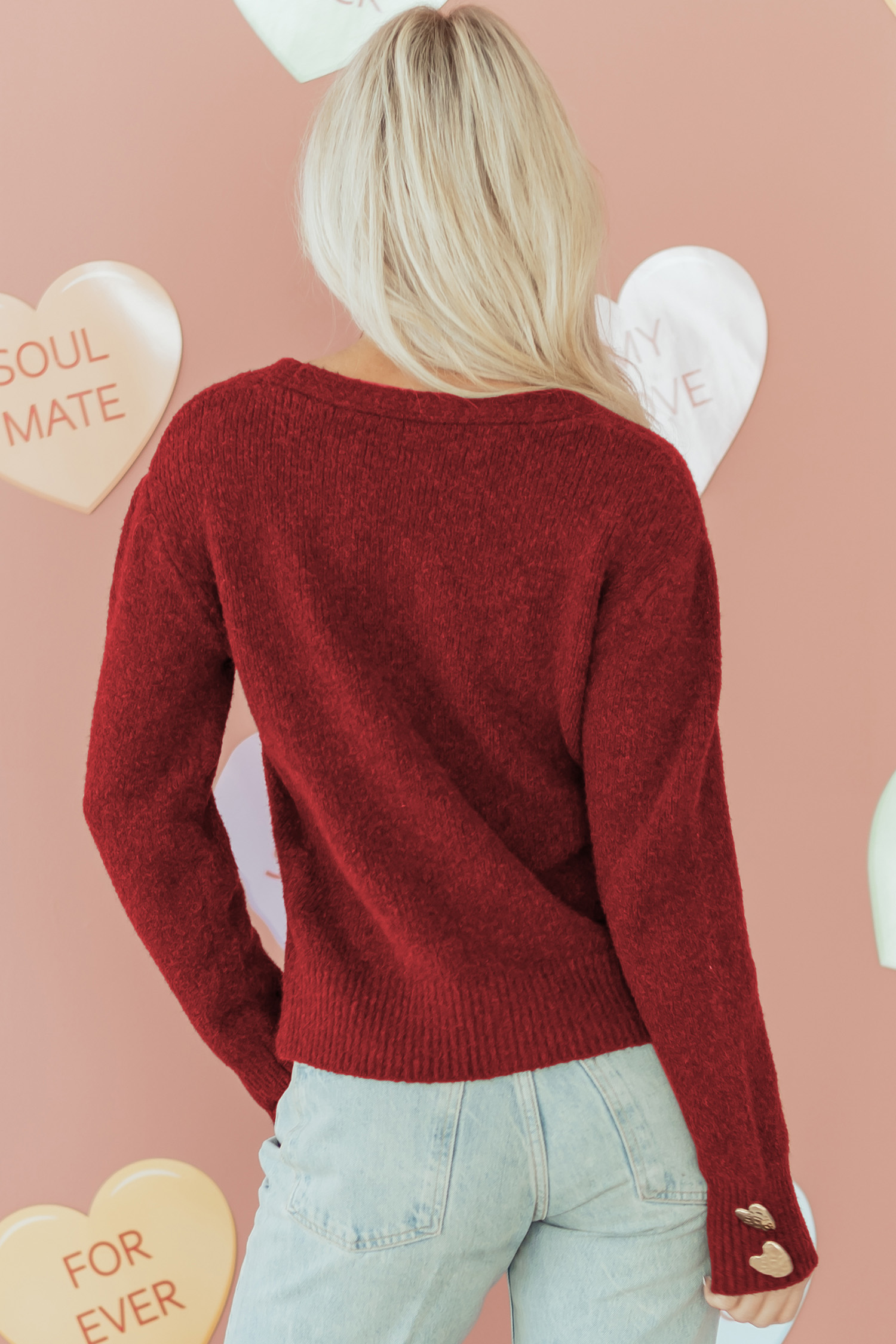 Fiery Red Heart Metal Button V Neck Cardigan Sweater - loveforevers