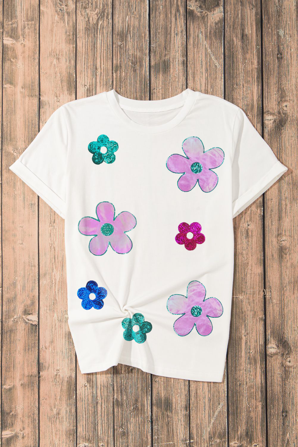 White Sequined Flower Pattern Round Neck T Shirt - loveforevers