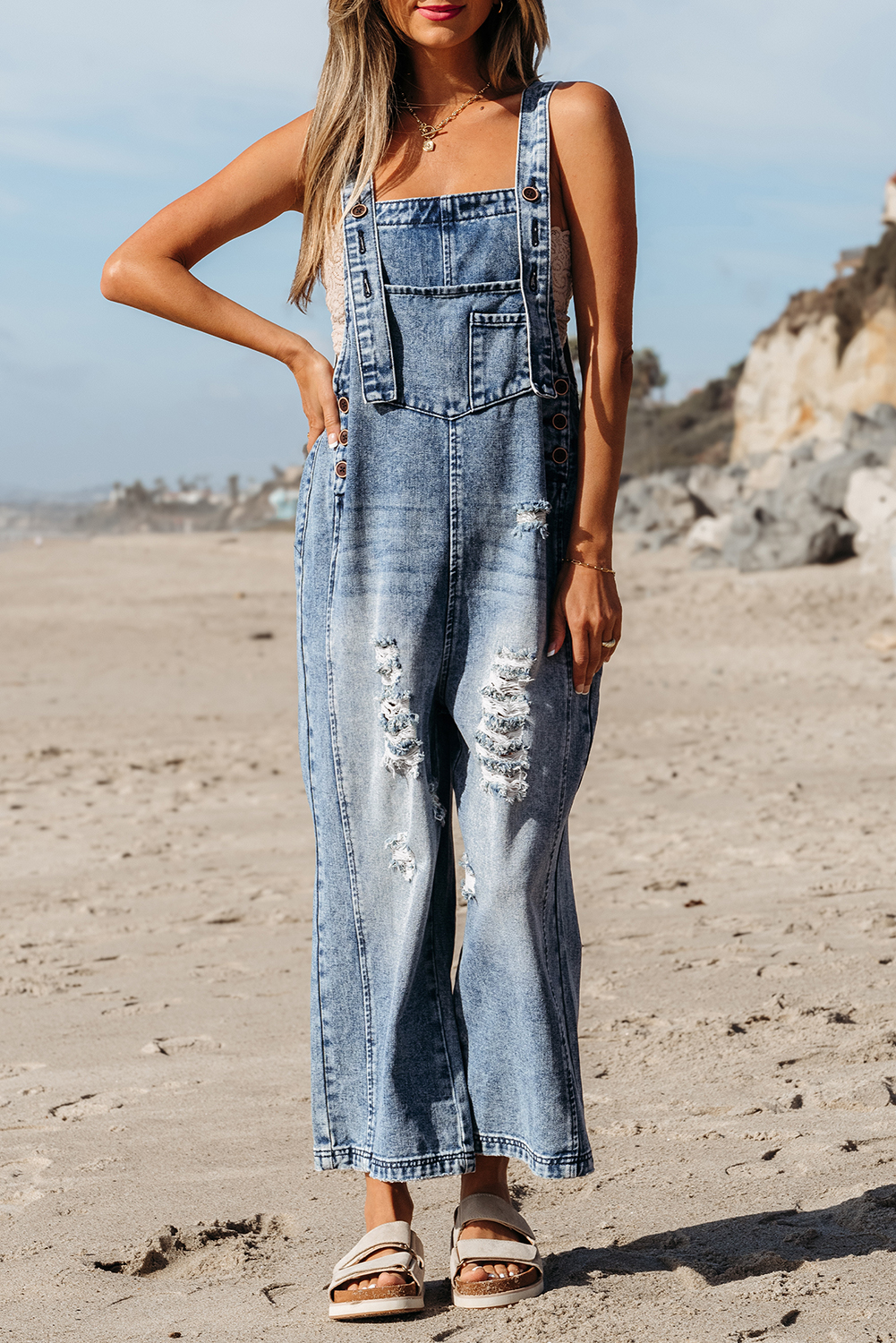 Stone Blue Distressed Bib Pocket Wide Leg Denim Overall - loveforevers