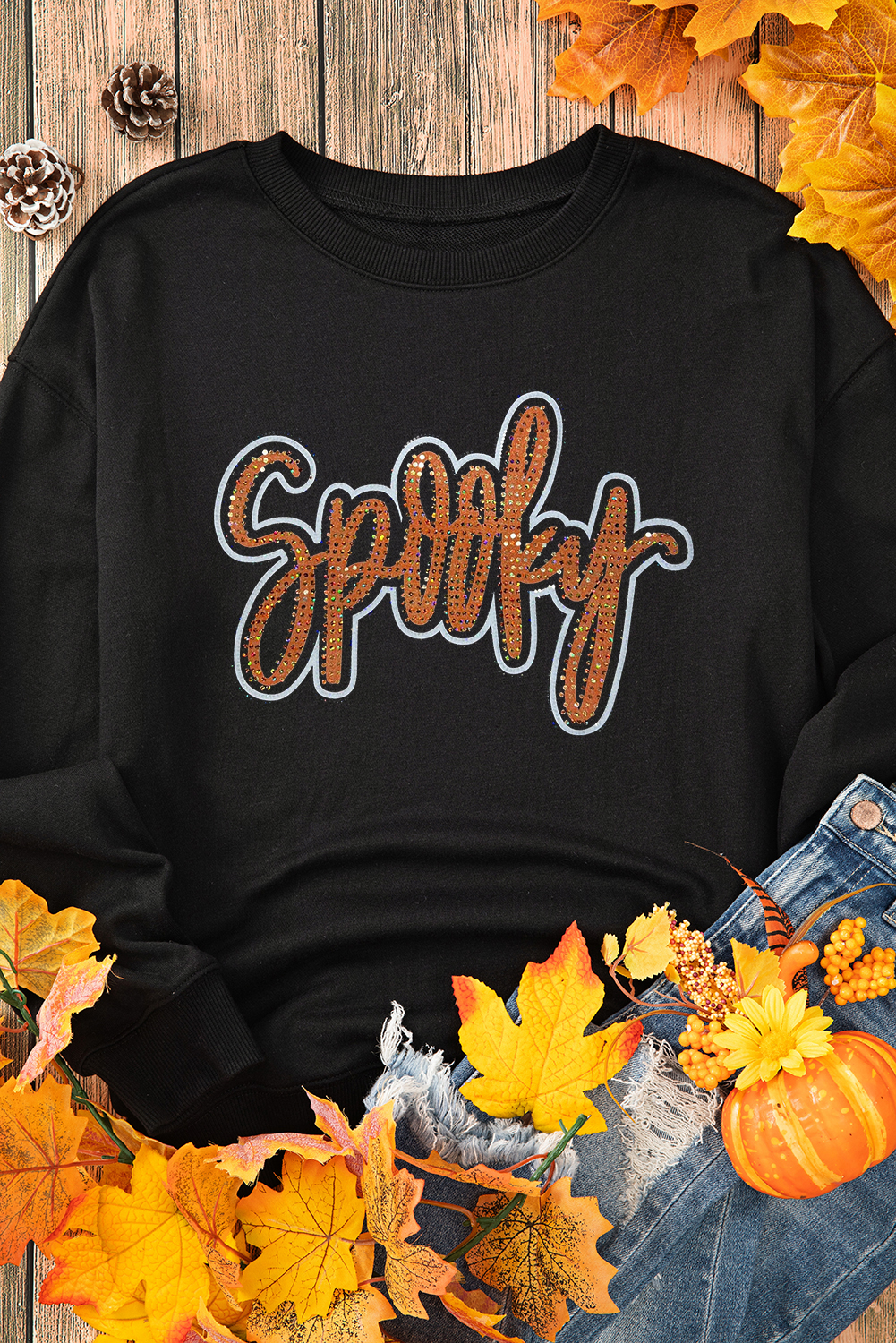 Black Spooky Rhinestone Drop Shoulder Graphic Sweatshirt - loveforevers