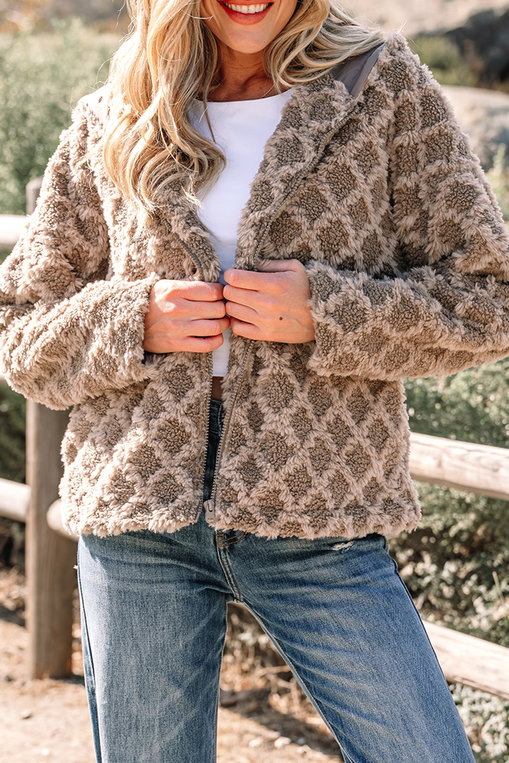 Chestnut Sherpa Rhombus Zip Up Side Pocket Hooded Jacket - loveforevers