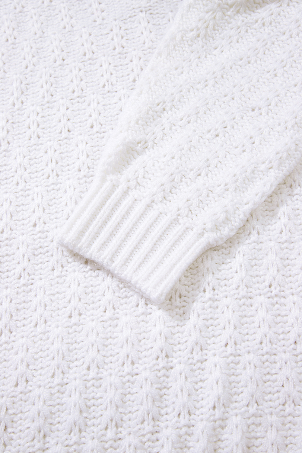 White Textured Knit Ribbed Edge V Neck Loose Sweater - loveforevers