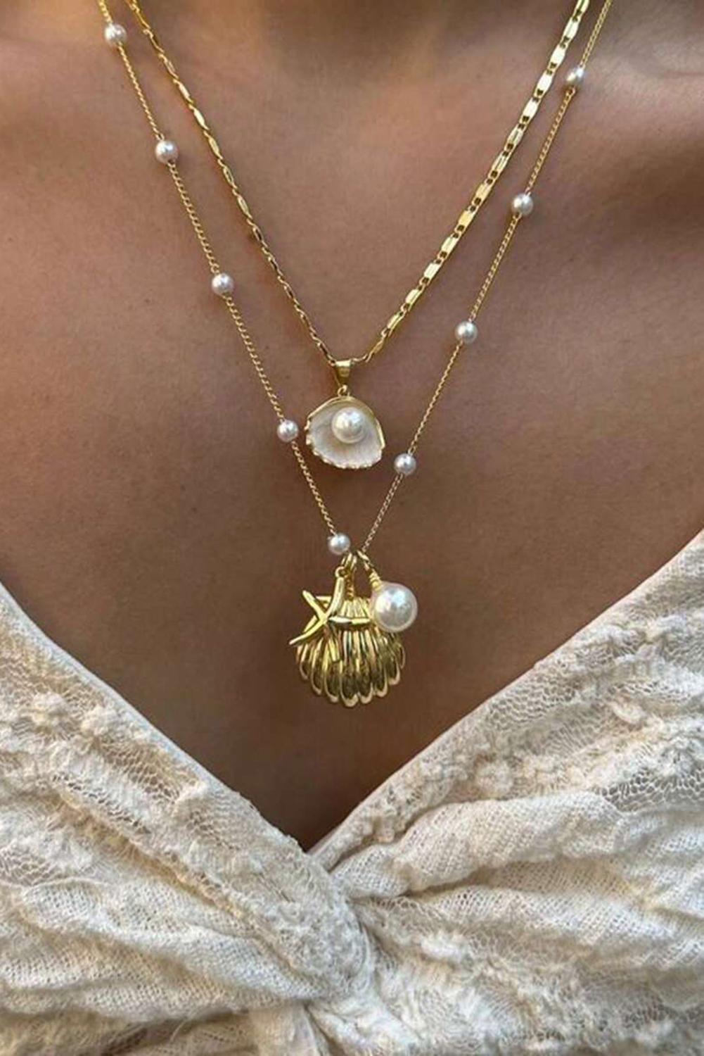 Gold Starfish Shell Pearl Dual Chain Necklace - loveforevers