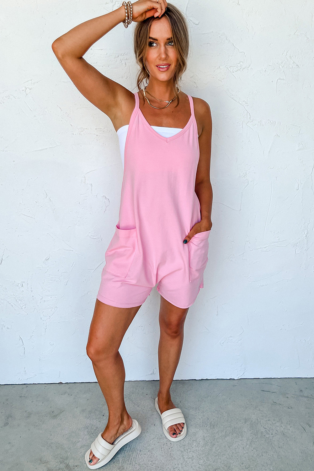 Pink Sleeveless Pocketed V Neck Jersey Romper - loveforevers