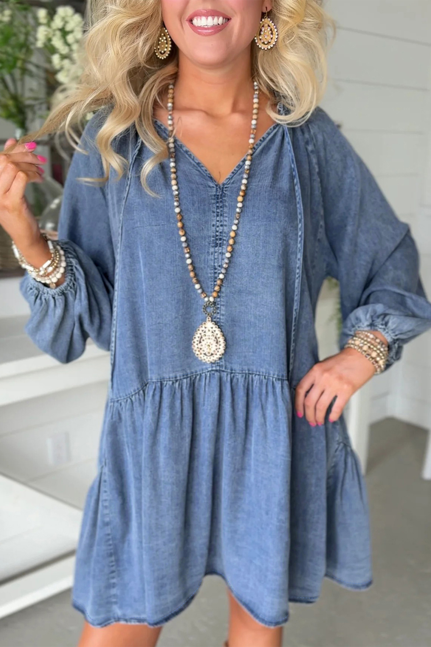 Myosotis Puff Sleeve V Neck Ruffled Loose Denim Mini Dress - loveforevers