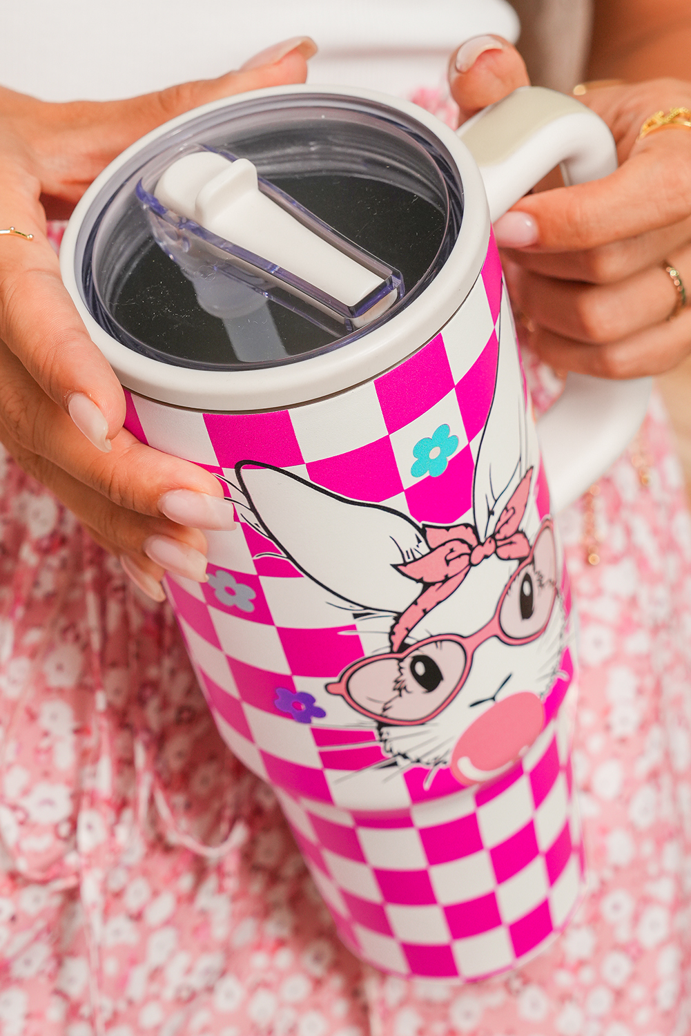 Rose Red Easter Rabbit Flower Checkered Print Large Tumbler 40oz - loveforevers