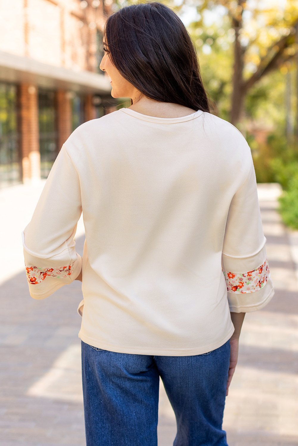 Beige Flower Patch Graphic Exposed Seam Wide Sleeve Top - loveforevers