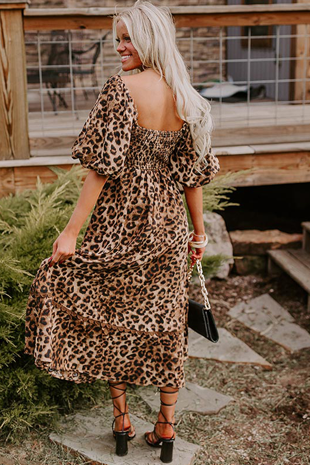 Brown Leopard Print Bubble Sleeve Square Neck Maxi Dress - loveforevers