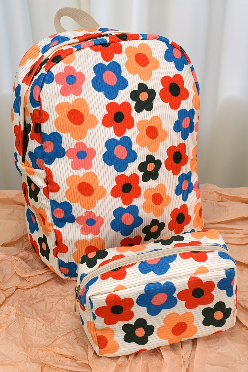 Khaki Flower Print Corduroy Backpack with Matching Pouch - loveforevers