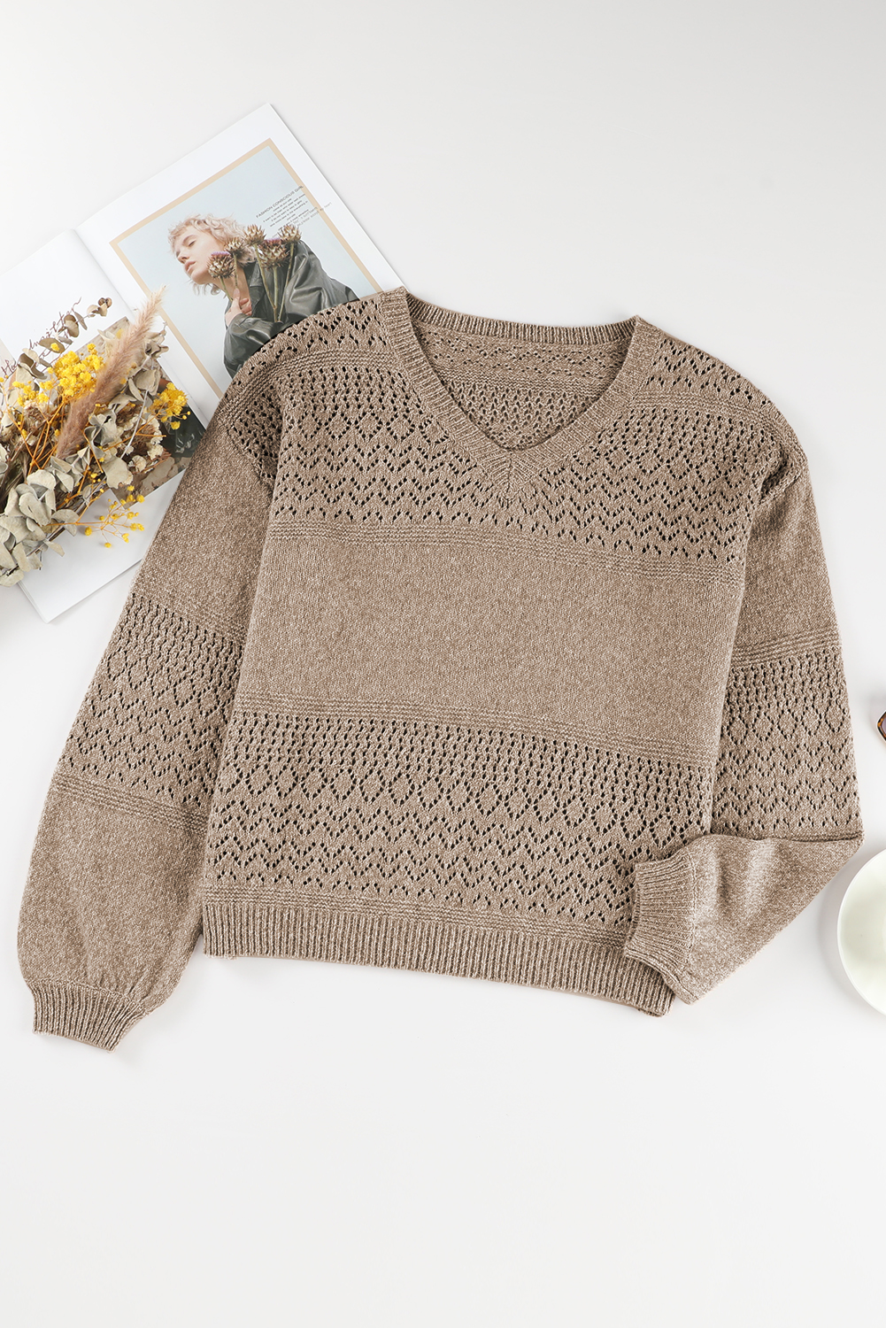 Sky Blue Eyelet Pattern Detail V Neck Drop Shoulder Sweater - loveforevers