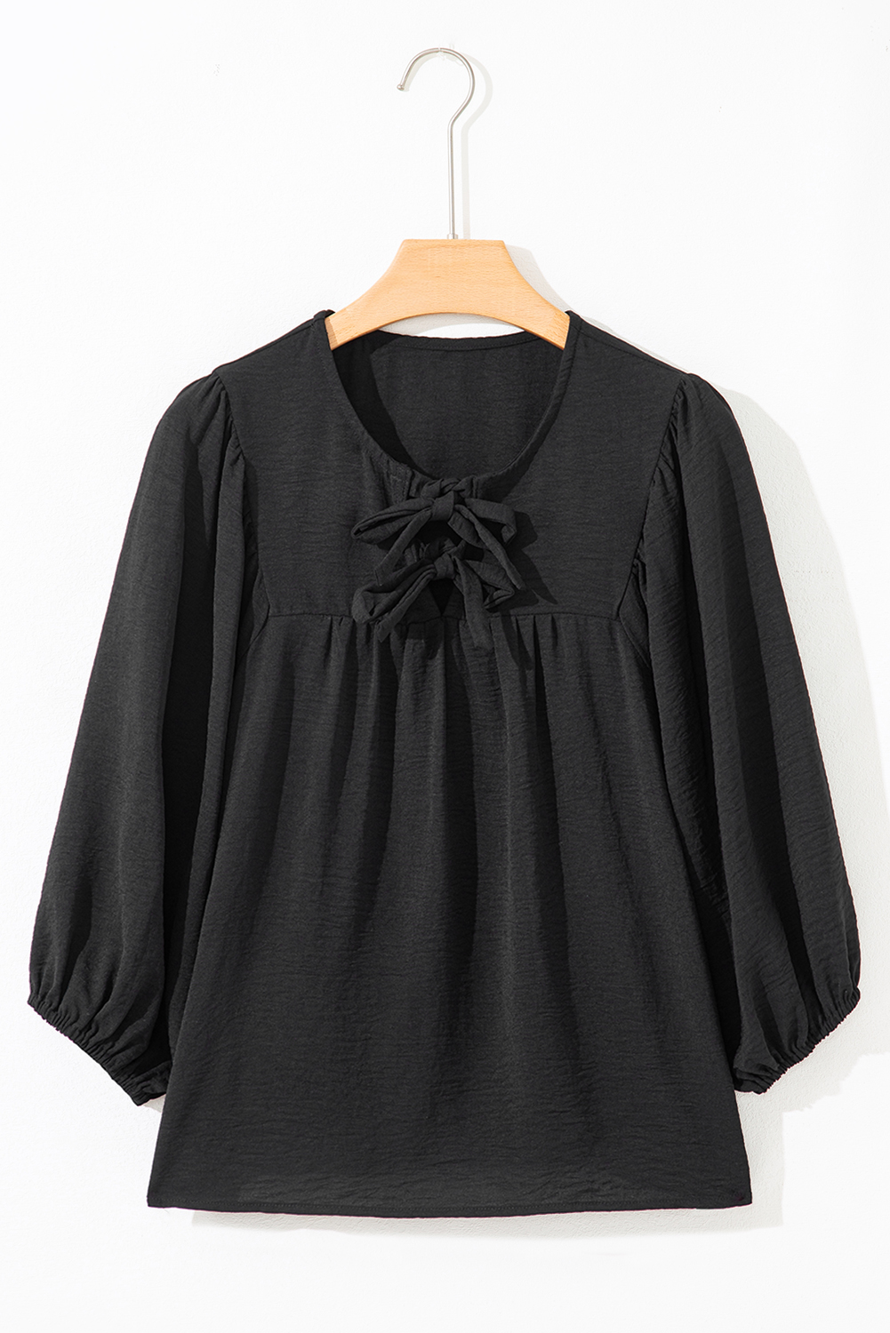 Black Bow Tie Neck 3/4 Sleeve Casual Blouse - loveforevers
