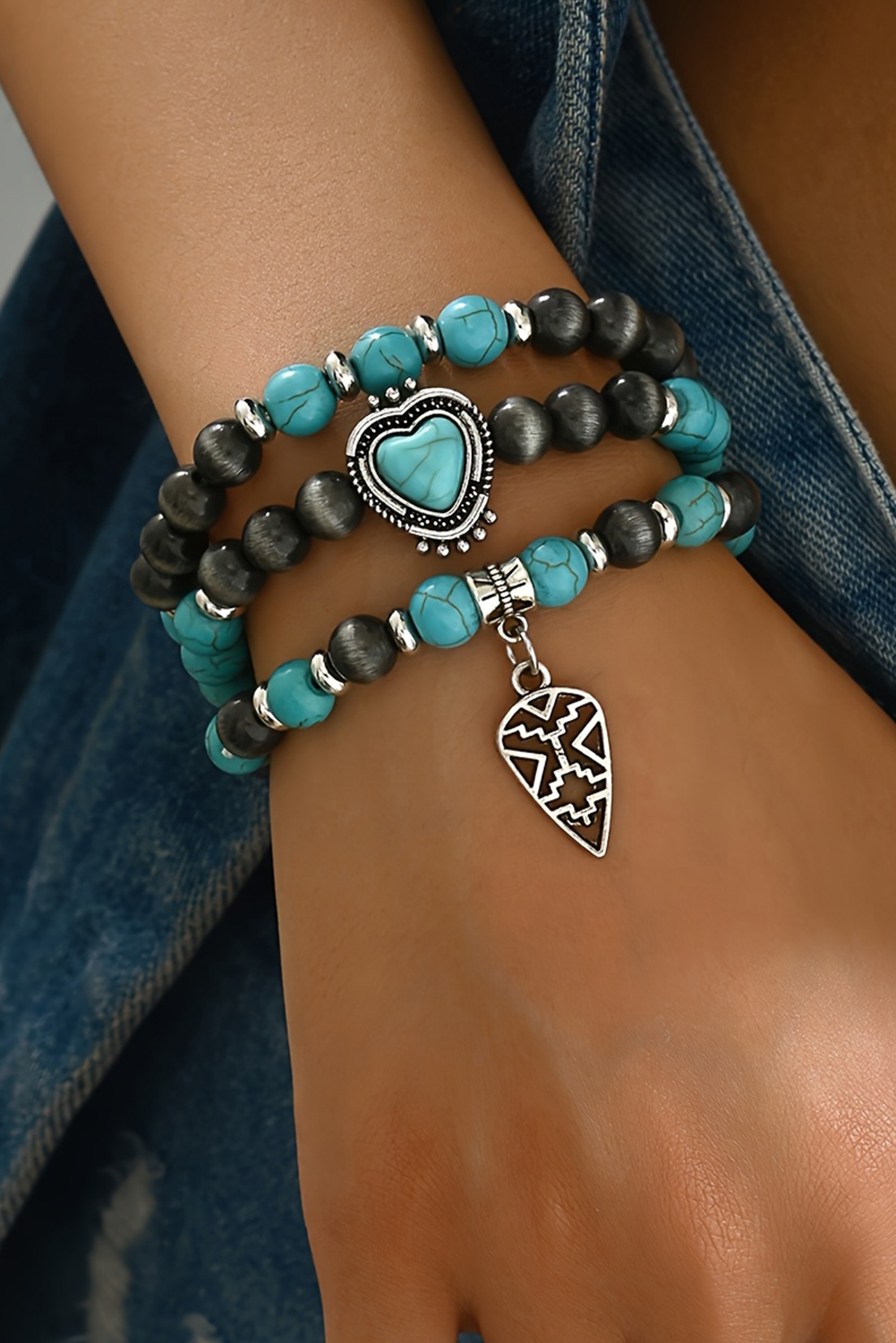Turquoise 3pcs Turquoise Matching Stone Stretch Bracelet Set - loveforevers