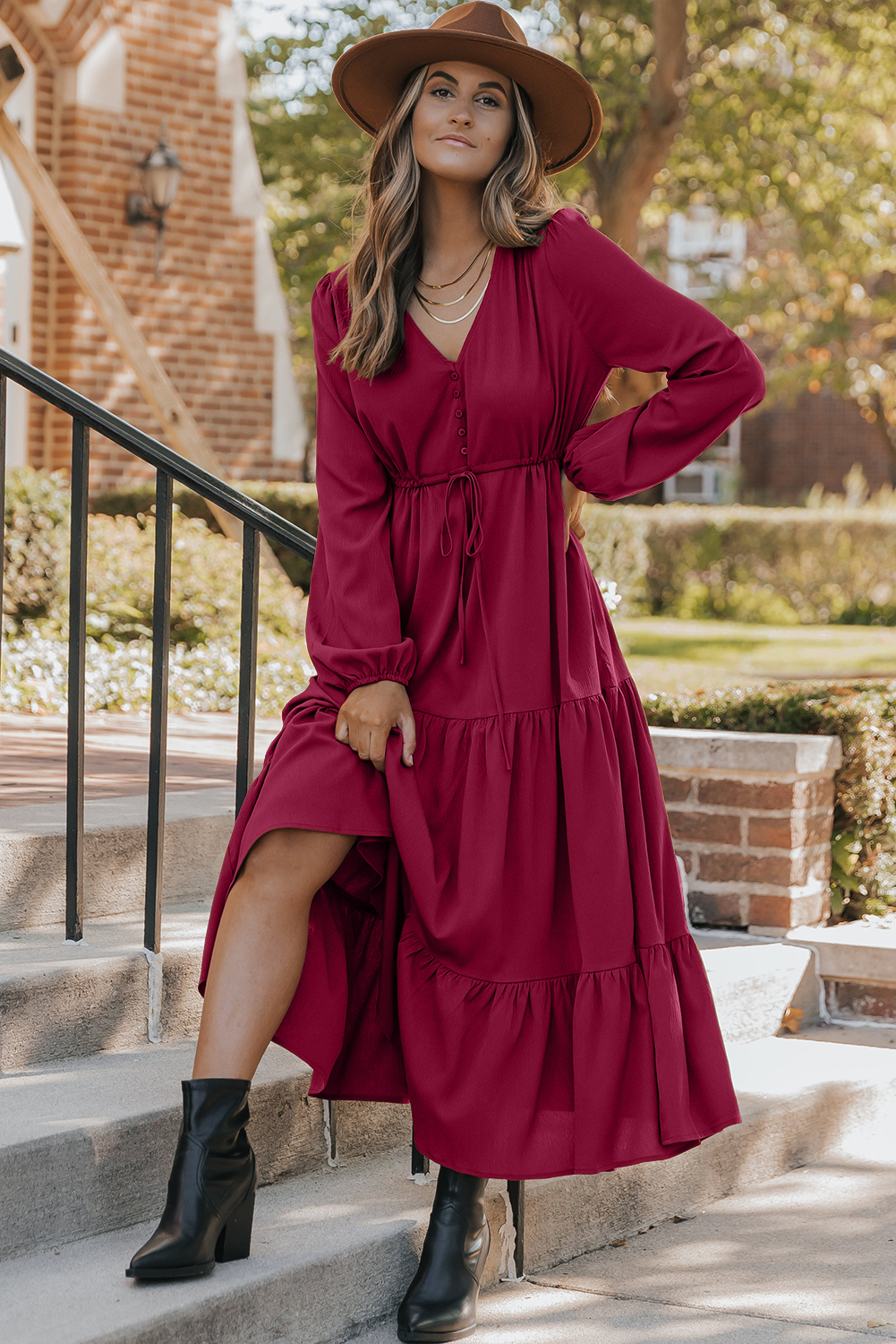 Blackish Green Solid Long Sleeve Button V Neck Tiered Maxi Dress - loveforevers