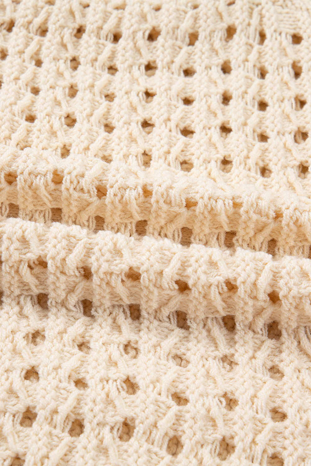 Beige Hollowed Pattern Knit Zip Up Drop Shoulder Sweater Cardigan - loveforevers