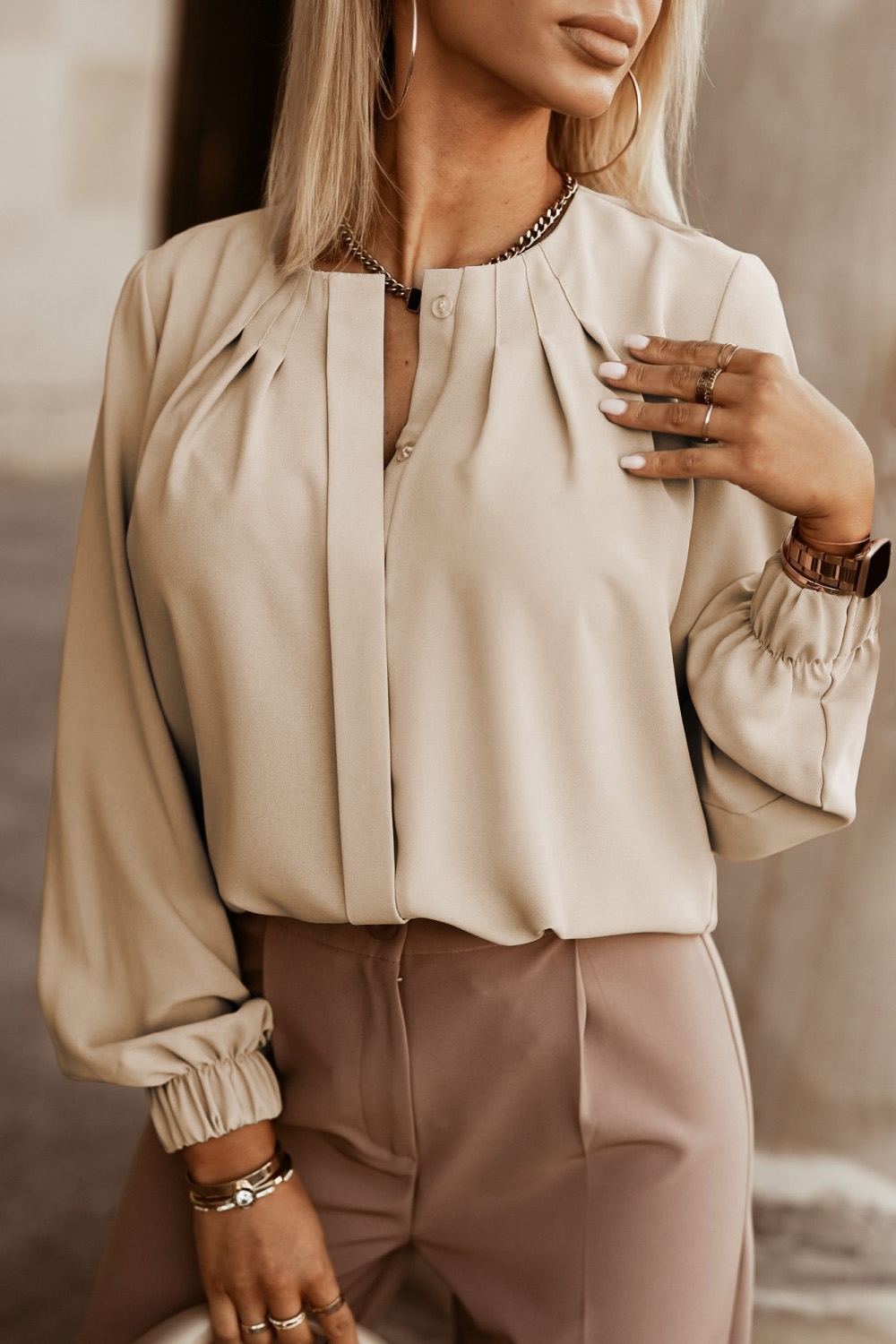 Black Crew Neck Gathered Stretch Cuff Shirt - loveforevers