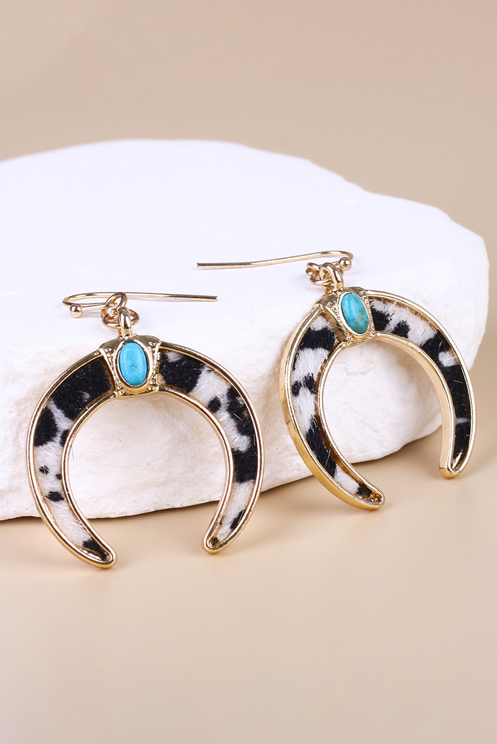Black Cow Print Turquoise Inlay Crescent Shaped Dangle Earrings - loveforevers