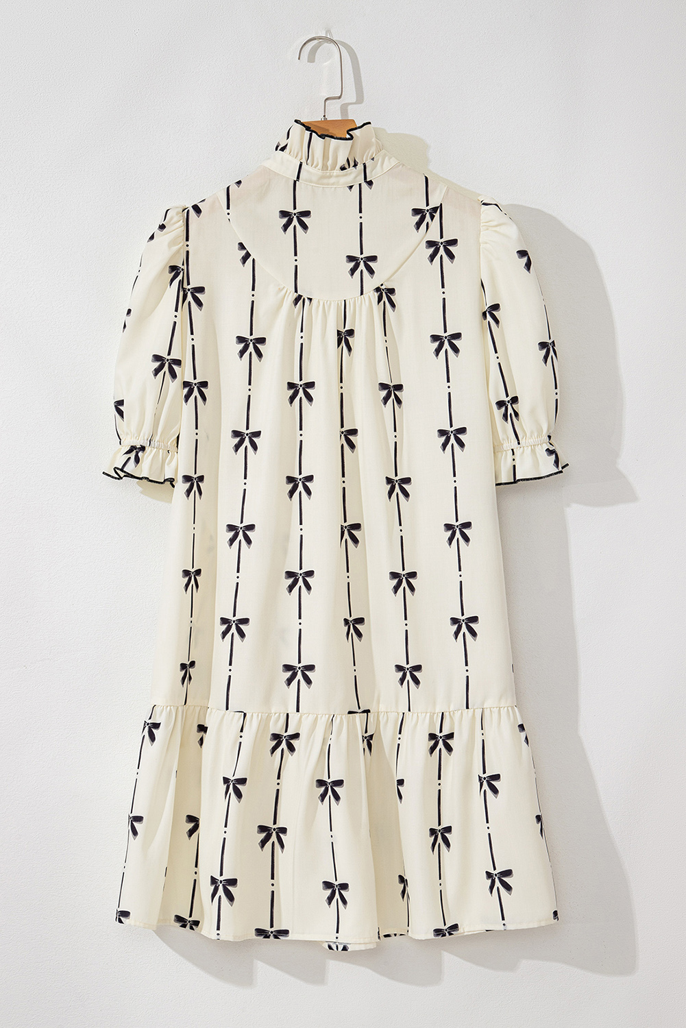 Beige Cute Bowknot Printed Bubble Sleeve V Neck Mini Dress - loveforevers