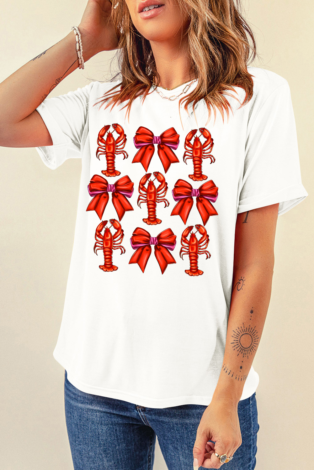 White Crawfish Bow Printed Casual T Shirt - loveforevers