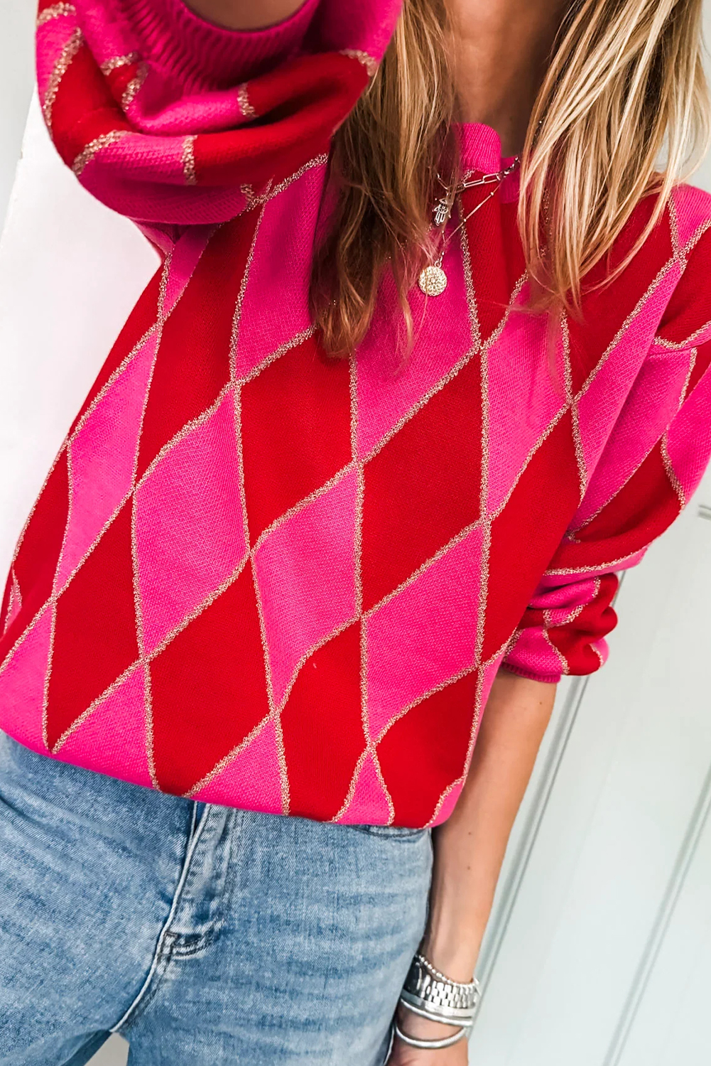 Rose Glitter Trim Rhombus Pattern Knit Sweater Vest - loveforevers