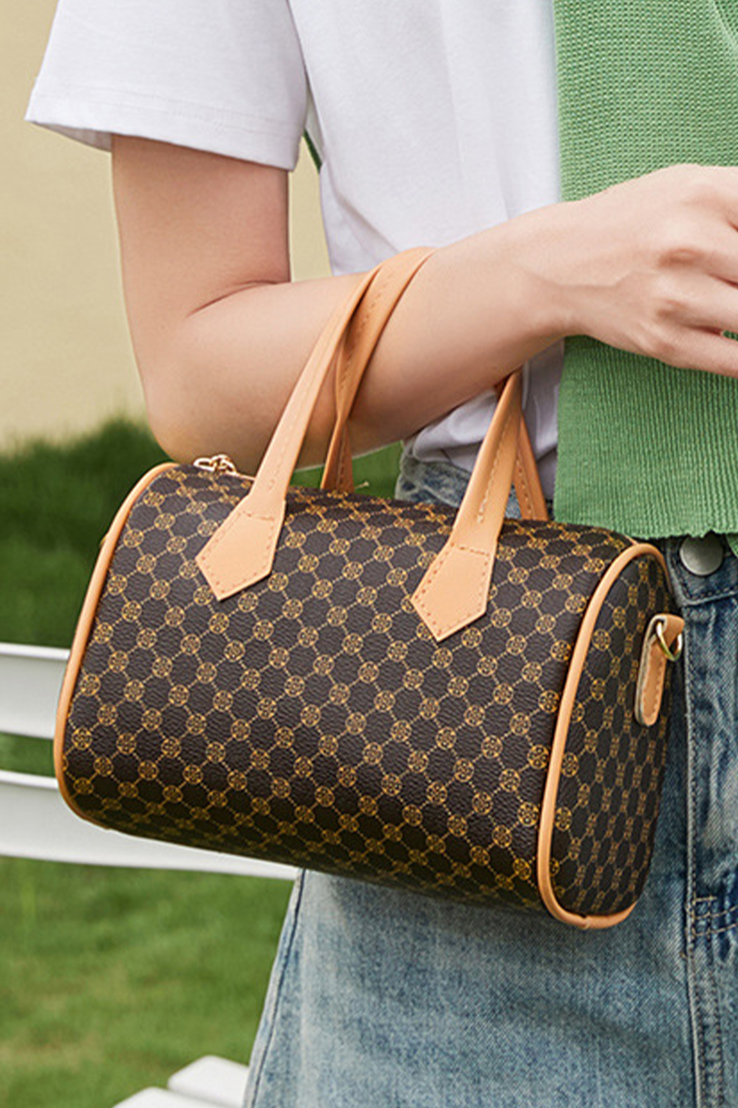 Coffee Retro Geometric Print Portable Shoulder Strap PU Leather Bag - loveforevers