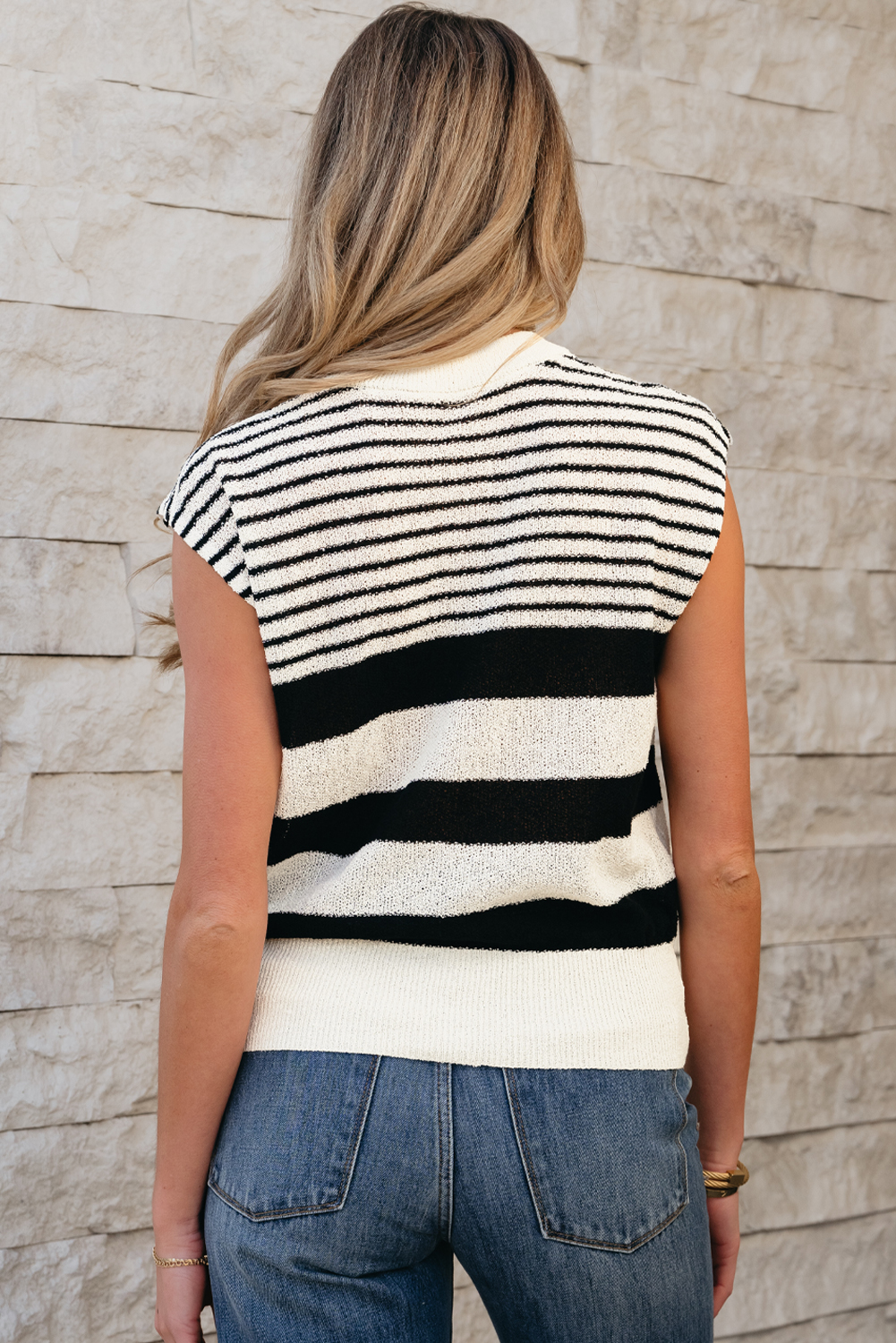 Black white Striped O Neck Sweater Vest - loveforevers