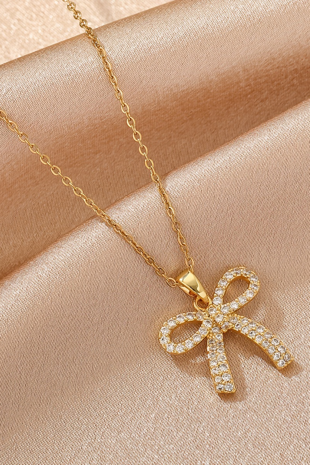 Gold Plated Rhinestone Bowknot Pendant Necklace - loveforevers
