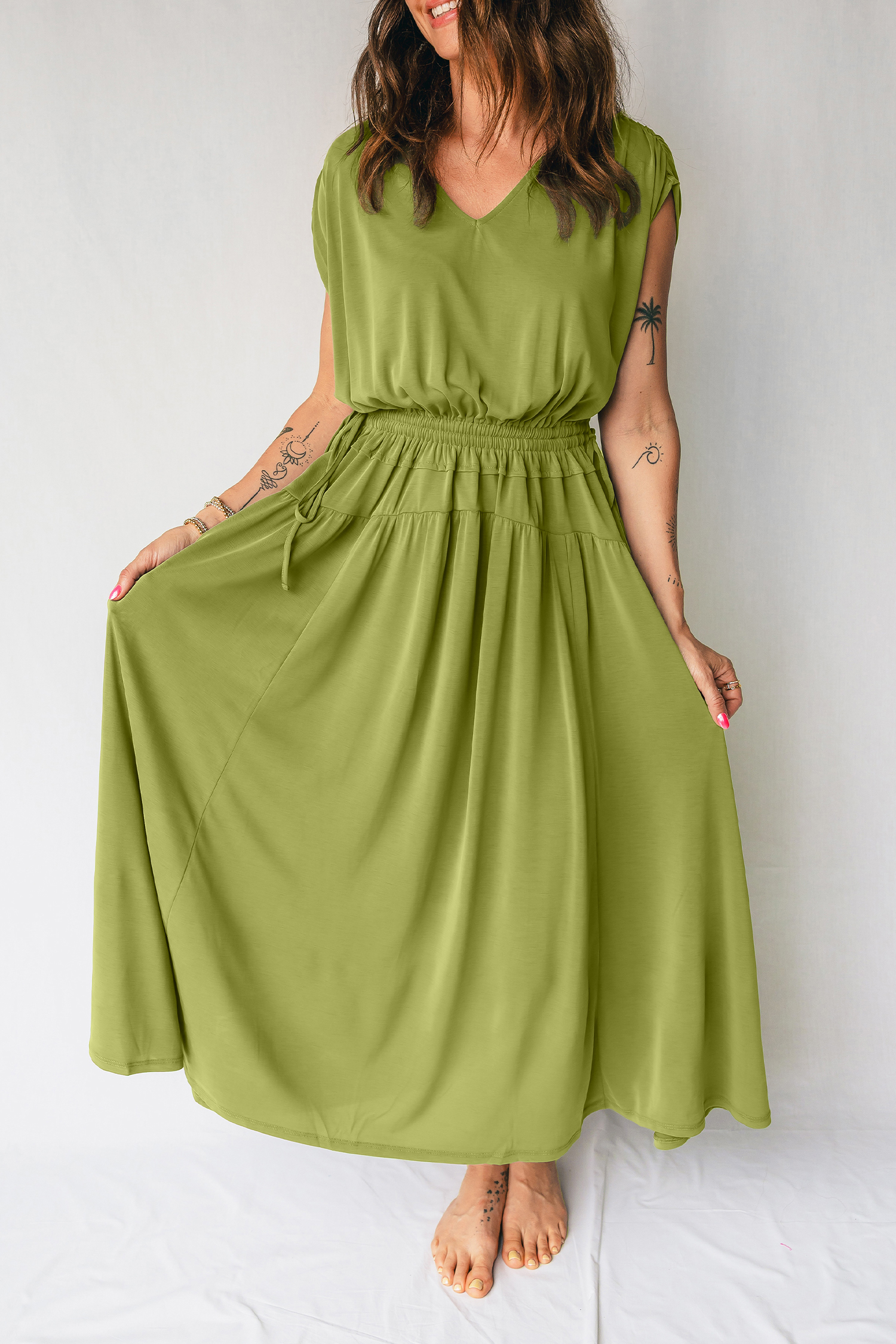 Fern Green Solid V Neck Cap Sleeve Tunic Elastic Waist Versatile Maxi Dress - loveforevers