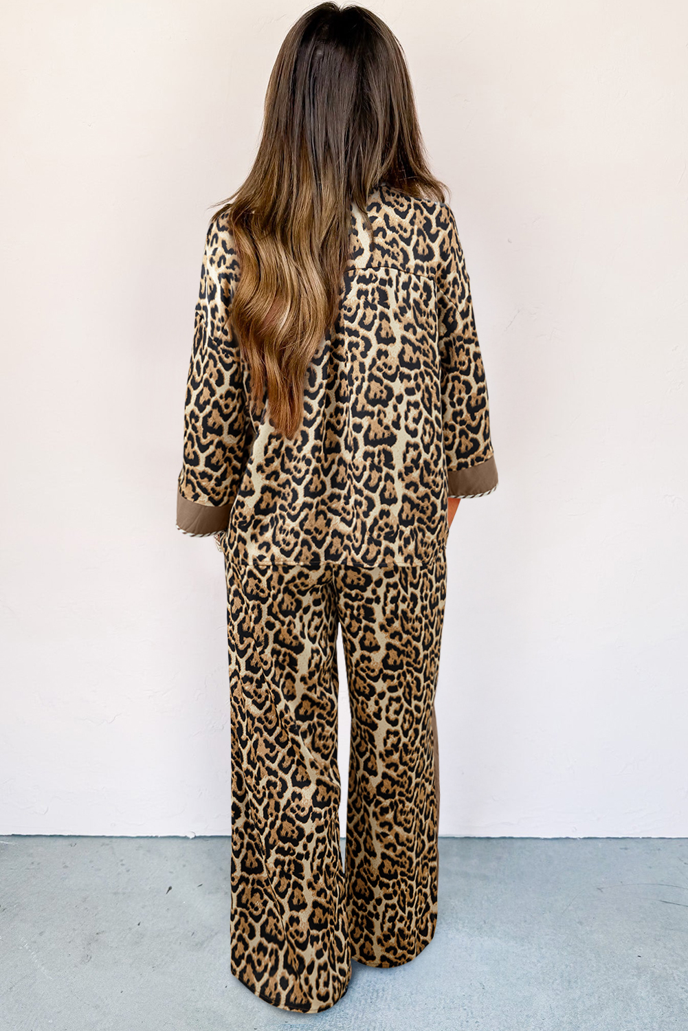 Brown Leopard Collared 3/4 Sleeve Shirt and Loose Pants Two Piece Outfit Set - loveforevers